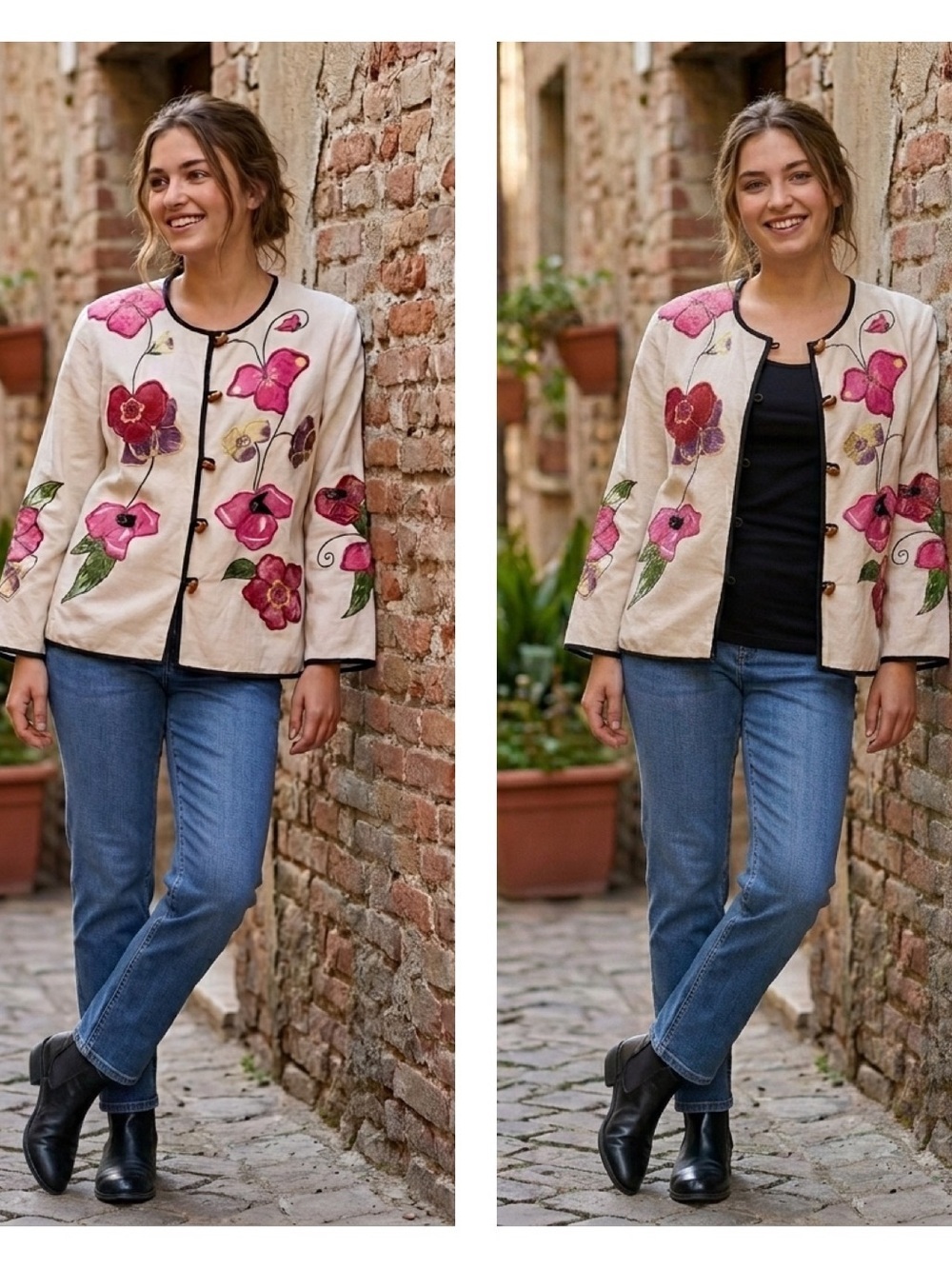 Indigo Moon QVC Vintage Cotton Linen Blend Floral Applique Lined Jacket M NWT